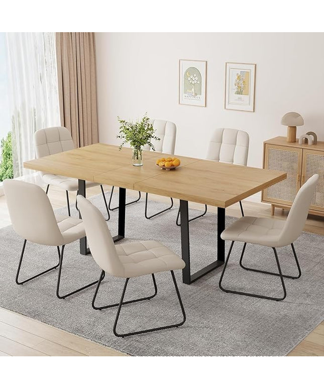 ZckyCine 51"-67" Extendable Dining Table Set for 4-6, Oak Finish Kitchen Table with 6 PU Leather Chairs, Scratch-Resistant MDF Board & Sturdy Metal Legs, Modern Dining Room Furniture