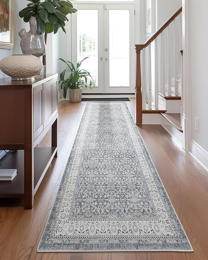 jinchan Hallway Runner Rug 3x7 - Machine Washable Grey Vintage Floral Distressed Design Soft Non-Slip Low-Pile Ultra-Thin Runner Rug for Kitchen Laundry Room Bedroom Farmhouse (3‘x8', Grey)
