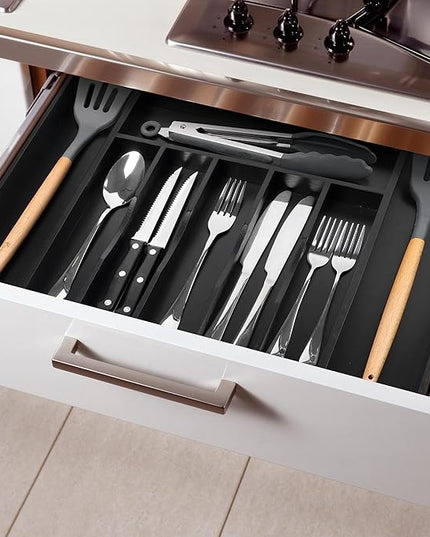 Large Premium Bamboo Silverware Organizer - Expandable Drawer Organizer & Utensil Organizer - 17"x19.7" Cutlery Tray with Dividers for Kitchen Utensils and Flatware (7-9 Slots) (Black)