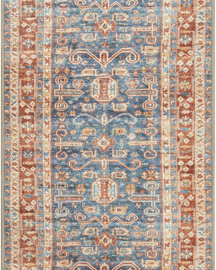 GLN Rugs Traditional Collection - Machine Washable Area Rug, Traditional Washable, Non Slip, Low Pile Chenille Rug, Living Room, Bedroom, Kitchen Rug (2'6"x10' Terra and Blue)