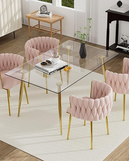 5 Pieces Modern Gold Dining Table Set, 51'' Small Luxury Rectangle Kitchen Table Set, 4 Person Clear Glass Top Minimalist Dinner Table Set, Pink Woven Chair, for Home Apartment Office