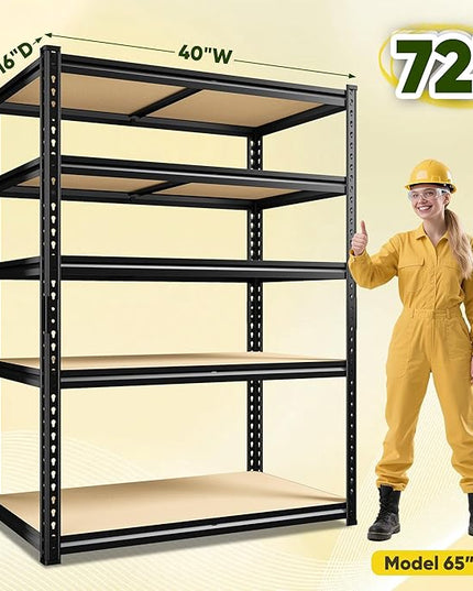 72" H Garage Shelving, 5 Tier Storage Shelves Load 2500 lbs, Adjustable Garage Shelves, Metal Shelving Unit for Warehouse, Basement, Pantry, 40" Wx 16" D x 72" H, Black