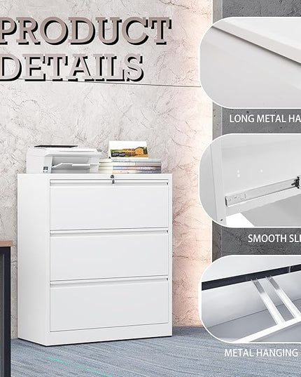 3 Drawer Lateral File Cabinet with Lock, Metal File Cabinet, Lateral File Cabinets for Home Office, Heavy Duty File Storage Cabinet for Legal/Letter/A4 Document, Assembly Required, White