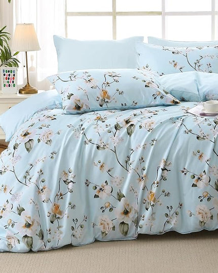 MUXHOMO Ceiba Blue Full Comforter Set, Elegant Floral Print Bed in a Bag 7 Pieces, Ultra Soft & Breathable Reversible Botanical Pattern Bedding Set with Comforter, Sheets, Pillowcases, and Shams