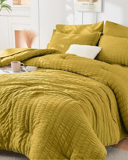 HYMOKEGE Mustard Yellow King Size Comforter Set Seersucker 7 Pieces, All Season Luxury Bed in a Bag for Bedroom, Bedding Set with Comforter, Sheets, Pillowcases & Shams