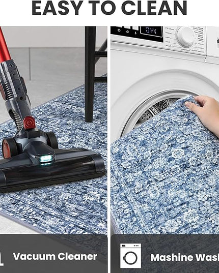 3x8 Washable Runner Rug for Kitchen, Blue Soft Classic Runner with Non-Slip, Non-Shedding Distressed Floral Rug for Hallways Entryway Bedroom Bathroom Laundry Indoor