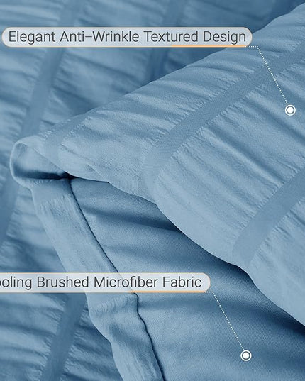 MUXHOMO 7 Pieces Full Comforter Set, Seersucker Bed in a Bag Full Size, All Season Luxury Bedding Set with Comforter, Flat Sheet, Fitted Sheet, Pillowcases & Shams, Mineral Blue