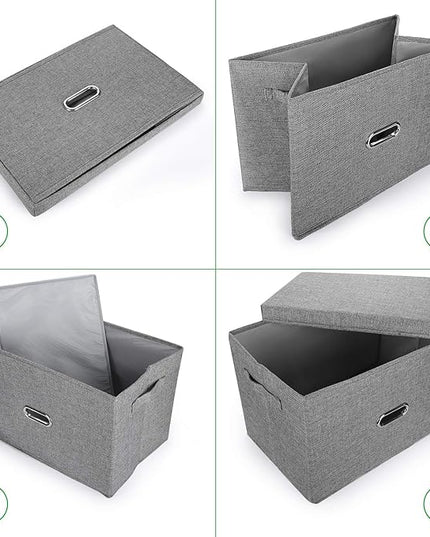 Large Linen Collapsible Storage Bins with Removable Lids and Handles, Washable Storage Box Containers Baskets Cube with Cover for Bedroom,Closet,Office,Living Room,Nursery (Khaki, Large)