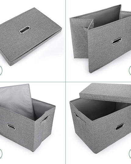 Large Linen Fabric Foldable Storage Bins with Removable Lid and Handles, Washable Storage Box Organizer Containers Baskets Cube with Cover for Bedroom,Closet,Office,Nursery (Khaki, XXL)