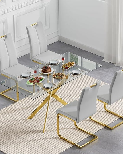 5 Piece Glass Dining Table Set, Gold Glass Kitchen Dining Room Table Set for 4, Modern 51" Rectangular Glass Metal Dining Table with 4 Grey Leather Dining Chairs for Kitchen Dining Room