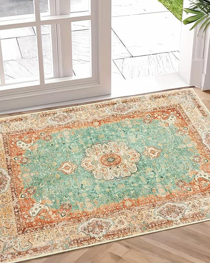 Small Rugs 2x3,Boho Rug for Entryway Bathroom Bedroom Kitchen Entrance Doormat,Vintage Bohemian Distressed Farmhouse Washable Accent Floor Throw Carpet Non Slip,Retro Orange Green Floral
