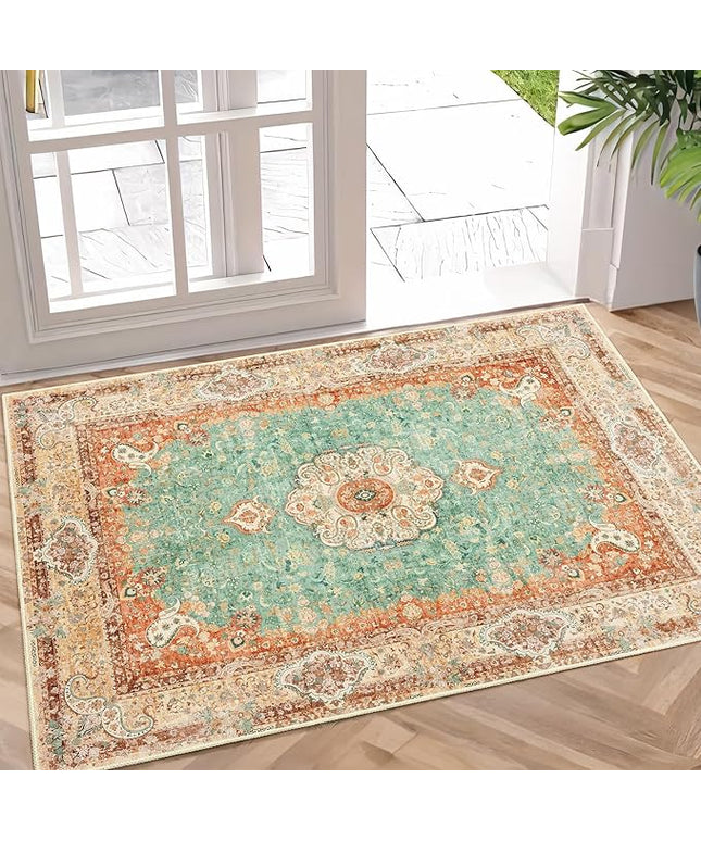 Small Rugs 2x3,Boho Rug for Entryway Bathroom Bedroom Kitchen Entrance Doormat,Vintage Bohemian Distressed Farmhouse Washable Accent Floor Throw Carpet Non Slip,Retro Orange Green Floral