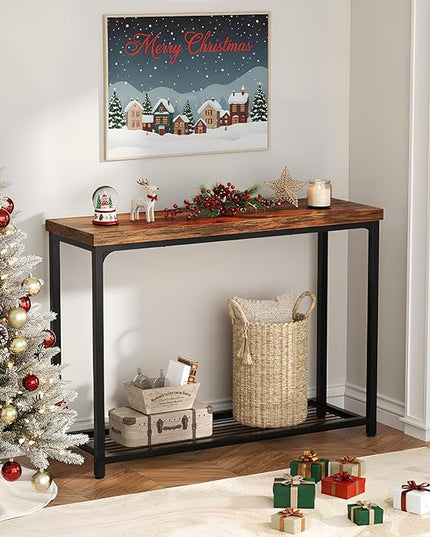 32" Small Console Table, 2-Tier Narrow Entryway Table, Sofa Table with Mesh Shelves, Console Tables for Living Room, Hallway, Entryway, Farmhouse Console Table with Storage, Rustic Brown