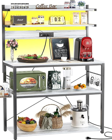 Aheaplus Bakers Rack with Power Outlet, Microwave Stand, 5 Tiers Coffee Bar Station with Led Lights, Kitchen Storage Shelf with 6 S-Shaped Hooks, Kitchen Rack Coffee Bar Stand, White Oak