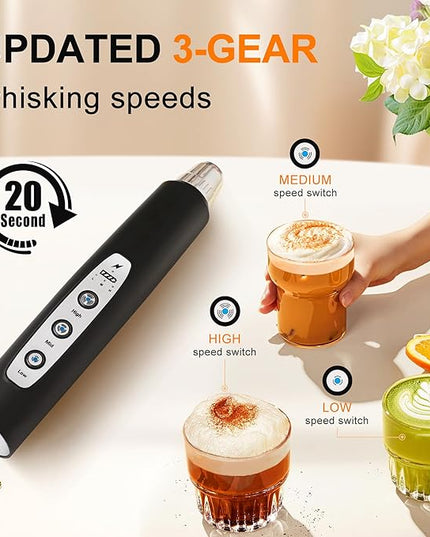 YUSWKO Black Handheld Milk Frother Wand for Coffee, Rechargeable Electric Whisk with 3 Heads 3 Speeds Drink Mixer Coffee Frother For Latte, Cappuccino, Hot Chocolate, Egg