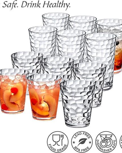 Amazing Abby Iceberg 16-Ounce and 24-Ounce Tumblers (Set of 12), Clear Drinking Glasses, Reusable Plastic Cups, Stackable, BPA-Free, Shatter-Proof, Dishwasher-Safe
