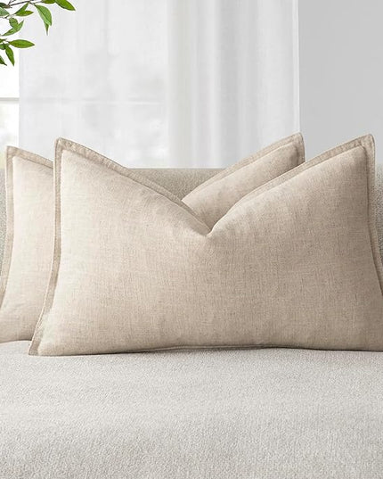 Foindtower Pack of 2, Decorative Linen Soild Throw Pillow Covers Soft Accent Lumbar Cushion Case Boho Farmhouse Neutral Pillowcase for Couch Sofa Bed Living Room Home Decor 12 x 20 Inch Natural Beige