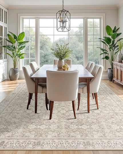 9x12 Area Rug, Cream Beige White Grey Large Washable Rug for Living Room with Non-Slip Soft Vintage Bedroom Rugs Traditional Farmhouse Carpet for Nusery Dining Room Office Home Décor