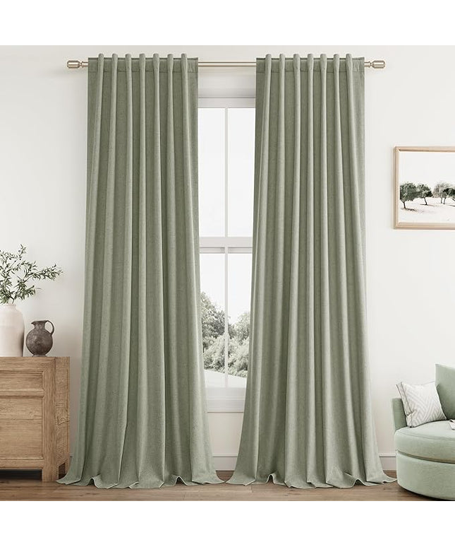 Sage Green Linen Blackout Curtains 92 Inch Length 2 Panels Set for Living Room Bedroom Back Tab Thermal Insulated 100% Black Out Linen Drapes Room Darkening Window Curtains 92 Inches Long