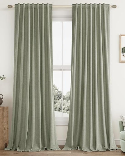 Sage Green Linen Blackout Curtains 108 Inch Length 2 Panels Set for Living Room Bedroom Back Tab Thermal Insulated 100% Black Out Linen Drapes Room Darkening Window Curtains 108 Inches Long