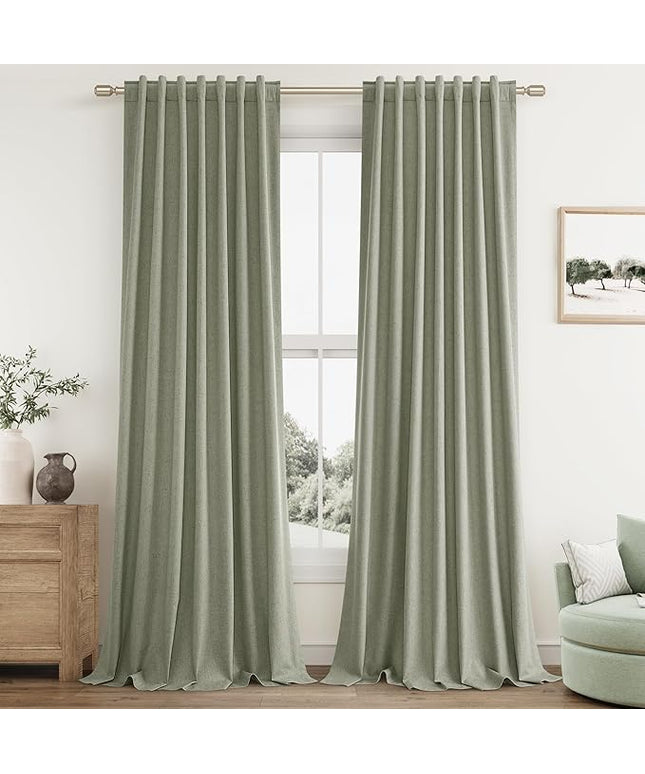 Sage Green Linen Blackout Curtains 84 Inch Length 2 Panels Set for Living Room Bedroom Back Tab Thermal Insulated 100% Black Out Linen Drapes Room Darkening Window Curtains 84 Inches Long
