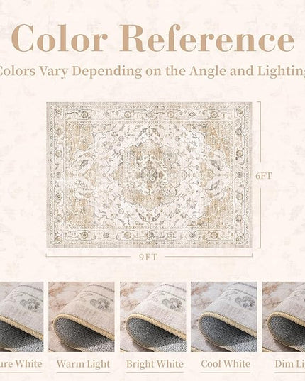 PADOOR-Vintage Area Rug 6X9 Rugs for Living Room-Soft Beige Rugs for Bedroom-Machine Washable Rugs Non Slip Carpet-Rug for Dining Room Living Room Bedside Office