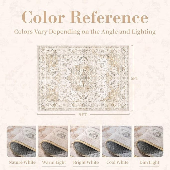 PADOOR-Vintage Area Rug 6X9 Rugs for Living Room-Soft Beige Rugs for Bedroom-Machine Washable Rugs Non Slip Carpet-Rug for Dining Room Living Room Bedside Office