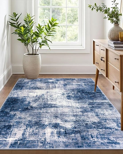 IOHOUZE Abstract Area Rug 4x6 Ft Washable Rugs for Entryway Indoor, Non Slip Small Living Room Rugs Printed Faux Wool Throw Rug, Floor Carpet for Kitchen Nursery Playroom, Navy/Grey