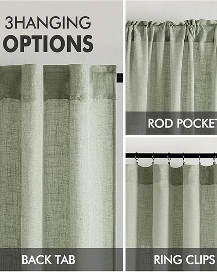 MIULEE Sage Linen Curtains 63 Inch Length 2 Panels for Bedroom Living Room,Green Soft Thick Linen Textured Kitchen Window Drapes Semi Sheer Light Filtering Back Tab Rod Pocket Burlap Look Decor