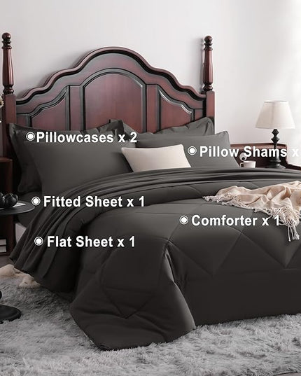 NTBAY King Comforter Set with Sheets, 7 Pieces Soft and Breathable King Bedding Set, Bed in a Bag, Down Alternative Comforter Set Solid Color All Season, King Bedding Set, Dark Grey