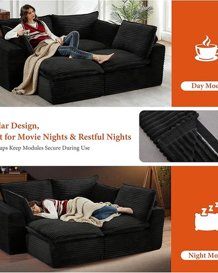 108" Sectional Couches for Living Room Boneless Couch Upholstered Cloud Couch Sectional Modular Sectional Sofa with L Shaped (Corduroy-Black, 3 Seat+1 Ottoman)