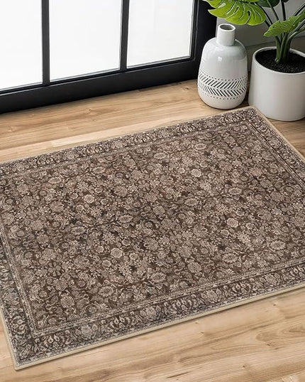 2x3 Washable Rug Soft Area Rug for Entryway, Rust Reddish Brown Non-Slip Indoor Door Mat Distressed Floral Low-Pile Kitchen Rugs, Neutral Vintage Carpet for Entrance Bedside Farmhouse