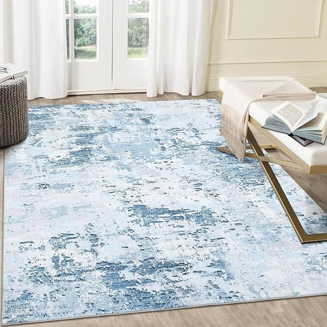 Modern Abstract Area Rug 3x5 Non Slip Non Shedding Rug Low Pile Stain Resistant Rug for Bedroom Living Room,Light Blue