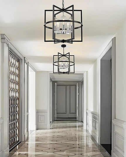 19'' Modern Farmhouse Chandelier 5-Light Black Brushed Nickel Chandelier with Industrical Metal Cage, Adjustable Geometric Pendant Light Fixture for Dining Room Kitchen Living Room Entryway