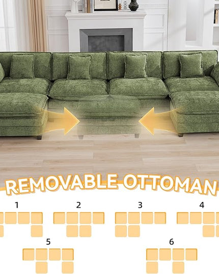 147'' Sectional Cloud Deep Seat Couch, Oversized Chenille U Shaped Sectional Sofa for Living Room Set, Comfy Upholstered Modular Sectional Sofa Couch with Movable Ottoman, Green