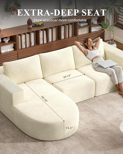 Modular Sectional Sofa with L-Shape Chaise,Cloud Sectional Modern Sleeper Couch with Deep Seat,Sponge Compression Sofas No Assembly Required (Beige-Corduroy Fabric)