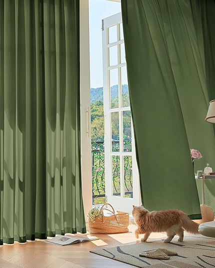 Anmao Non-See-Through Olive Green Privacy Semi Sheer Curtains for Living Room 63 Inch Length 2 Panels Set, Light Filtering That Let Light in Rod Pocket Window Drapes for Bedroom, 52W x 63L, Dark Green