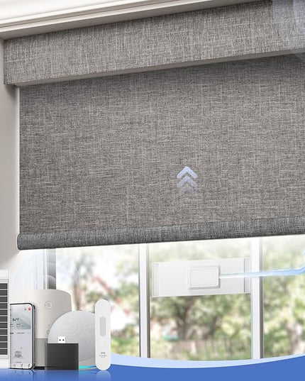 Motorized Blinds with Remote,100% Blackout Smart Roller Shades,Rechargeable Smart Blinds【Solar Panel Included】 Wireless Electric Cordless Shades with Cover Compatible with Alexa Grey 26 * 72