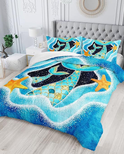 Mermaid Comforter Set Twin Size,3 Piece Mermaid Tail Bedding Set for Girls Kids Blue and Gold Teal Ocean Mermaid Fish Scales Starfish Bedding Quilt Set for Girls Kids Bedroom