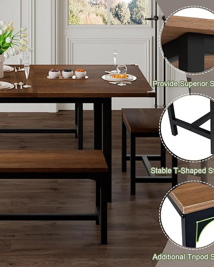 Feonase 5-Piece Dining Table Set for 4-8 People, 63" Extendable Kitchen Table with 2 Benches and 2 Square Stools, Mid-Century Modern Wooden Dining Room Table, Space-Saving, Walnut