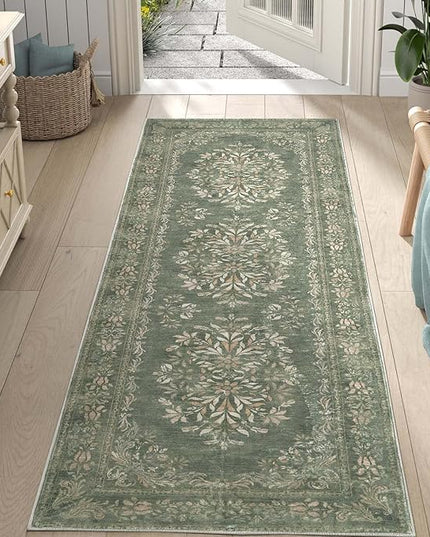 jinchan Hallway Runner Rug 2x8 Vintage Floral Distressed Design - Machine Washable Non-Slip Low-Pile Soft Thin Faux Wool Kitchen Christmas Carpet for Farmhouse Bedroom Laundry Room(2x8ft, Dark Green)