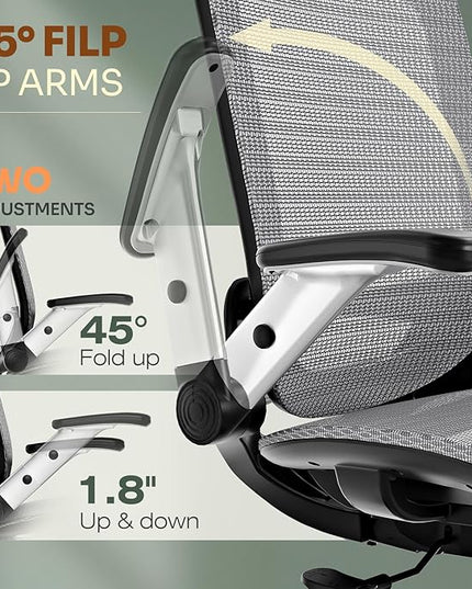 GABRYLLY Ergonomic Office Chair, High Back Home Desk Chair with Headrest, Flip-Up Arms, 90-120° Tilt Lock and Wide Cushion, Big and Tall Mesh Chairs for Man Woman, Grey Task Chair