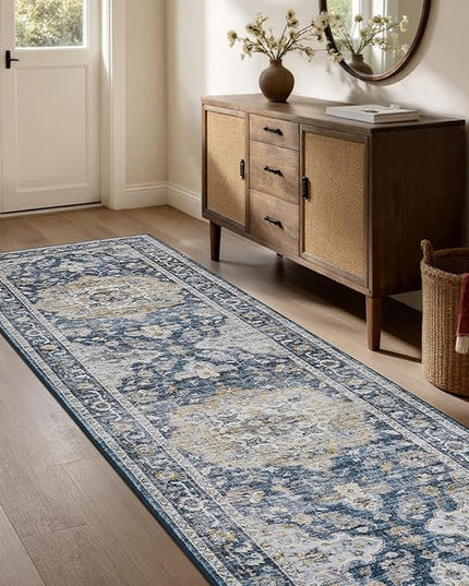PADOOR-Vintage Runner Rug 2X10 Runners for Hallways-Soft Blue Washable Bedside Rugs for Bedroom-Non Slip Long Rug for Hallways Entryway Laundry Room Stair Kitchen Bathroom