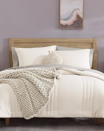Monbix Queen Comforter Set - 7 Pieces Snow White Bed in a Bag Queen Bedding Sets with Comforters, All Seasons Down Alternative Comforter Bed Set with Sheets,Pillowcases & Shams