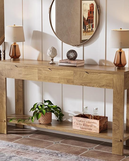 Tribesigns Console Table with 3 Drawers, 67-Inch Long Sofa Table Behind The Couch with Storage Shelf, Narrow Farmhouse Entryway Furniture for Living Room, Hallway, Foyer, Brown
