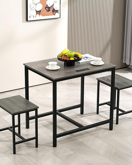 Finnhomy 3-Piece Dining Table Set, Small Kitchen Table with 2 Chairs, LED Light and USB Type-C Power Outlet, Space-Saving Design for Dining Room, Living Room, Apartment, Grey+Black