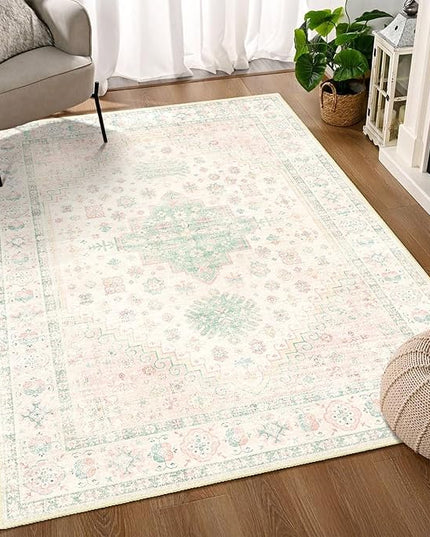 MUJOO 3x5 Rug Washable,Boho Area Rug for Bedroom Entryway Living Room Bathroom,Small Non Slip Indoor Throw Carpet Low Pile Light Pink and Green