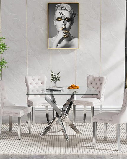 Glass Dining Table Set for 4, Square 36" Dining Table with Silver Cross Metal Leg, 4 Beige Velvet Dining Chairs with Stainless Steel Legs, Modern Glass Kitchen Table and Chairs Set for Small Space