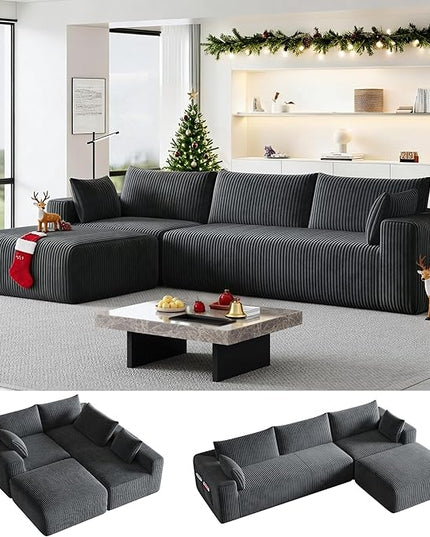 108”Modern Modular L-Shape Couch with Chaise, Modular Sectional Couches for Living Room, Deep Seat Boneless Sofa Bed, No Assembly Required Sleeper Sofa, Plush Corduroy Fabric, Dark Gray