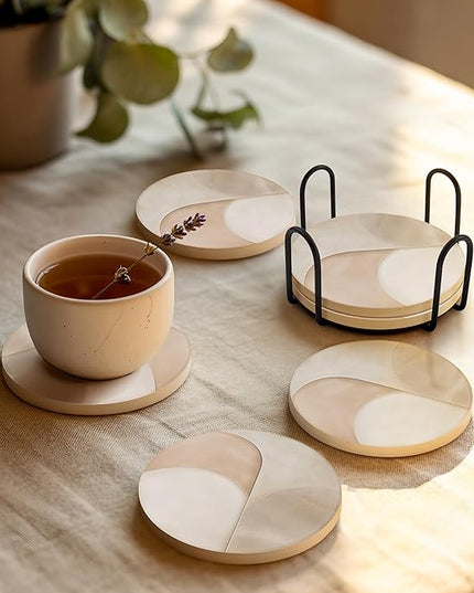 VEYRO Coasters Set of 6 for Drinks – Absorbent Ceramic Stone Drink Coasters with Cork Backing for Coffee Table & Desk, Modern Marble Look Cup Coaster Set, Housewarming Gift for New Home